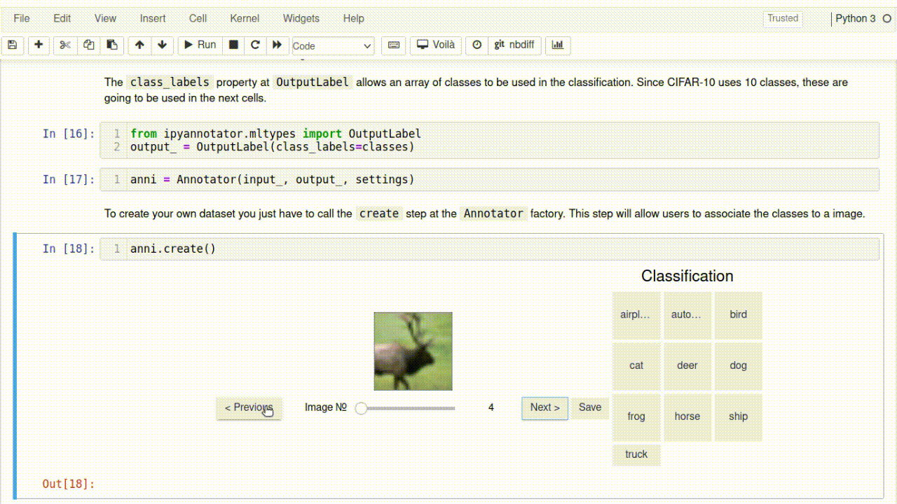 Gif showing a Jupyter notebook with classification annotator showing interactions to classify CIFAR-10 dataset images